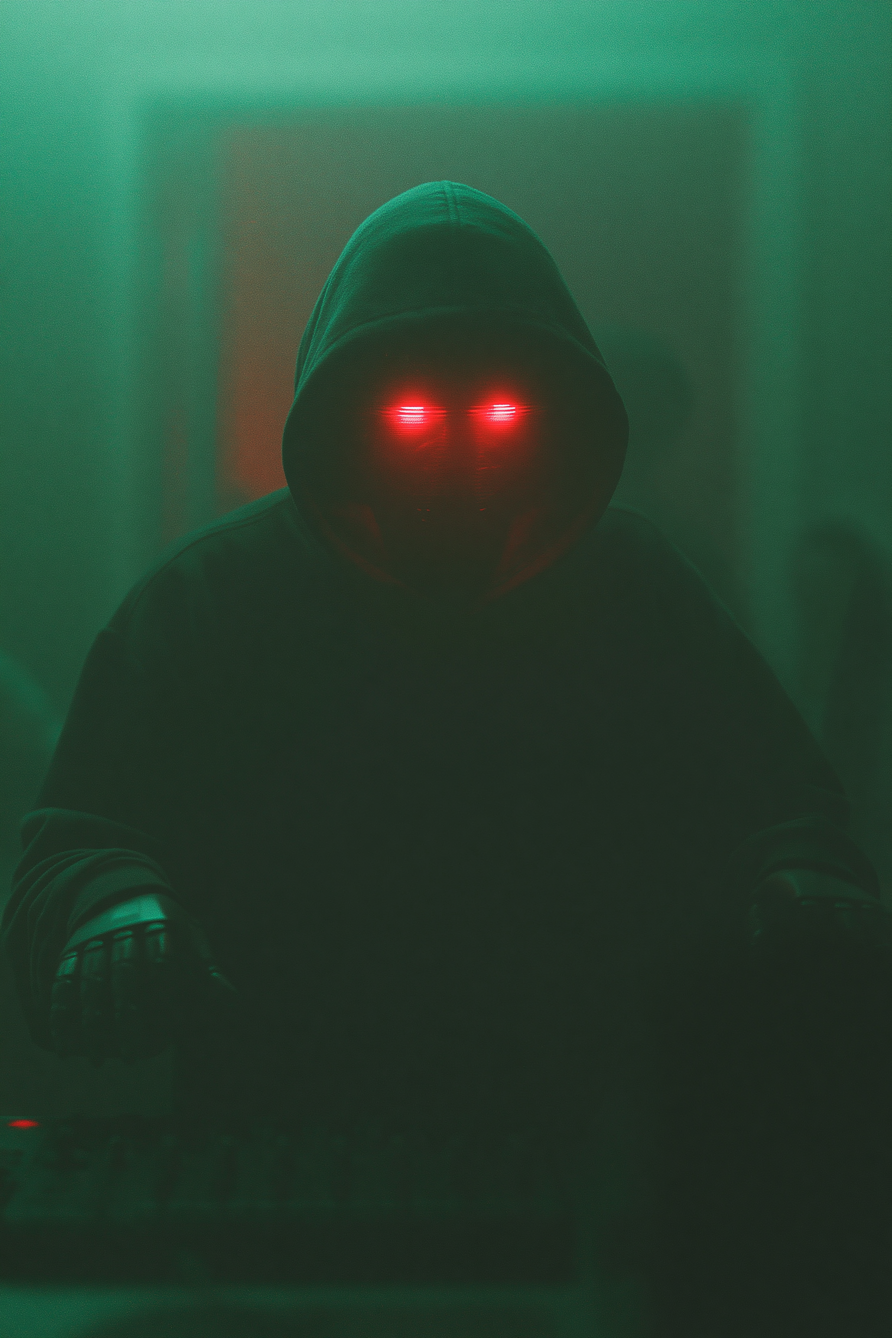 Hooded Robot Radio Host with Red Eyes