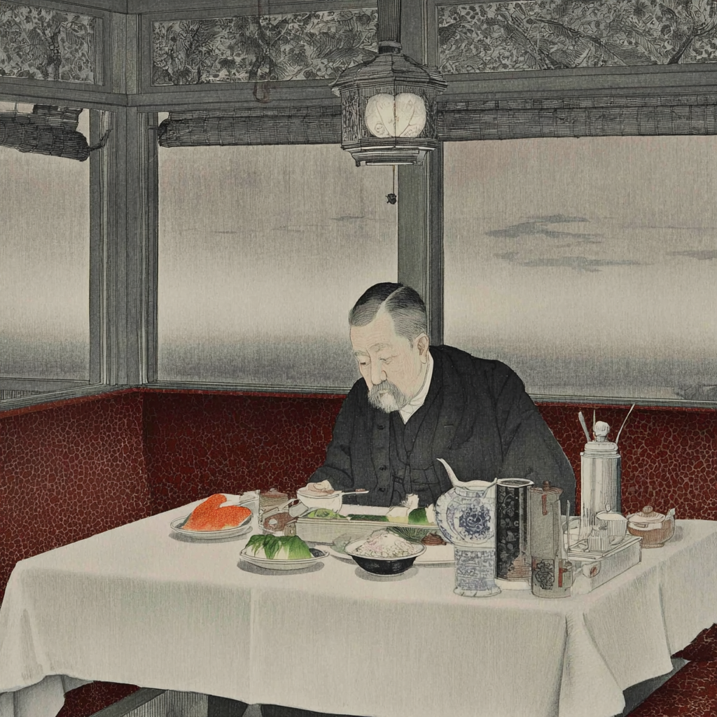 Melancholic Gentleman Dining Alone in a Red Booth