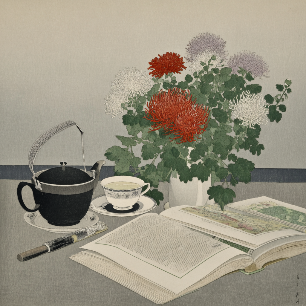 Thé, livres et fleurs dans un café tranquille
