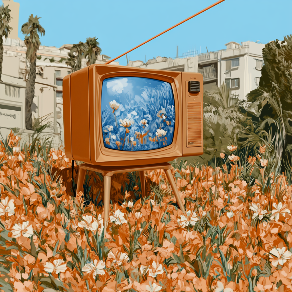 Leuchtender alter Fernseher auf einem Blumenhügel
