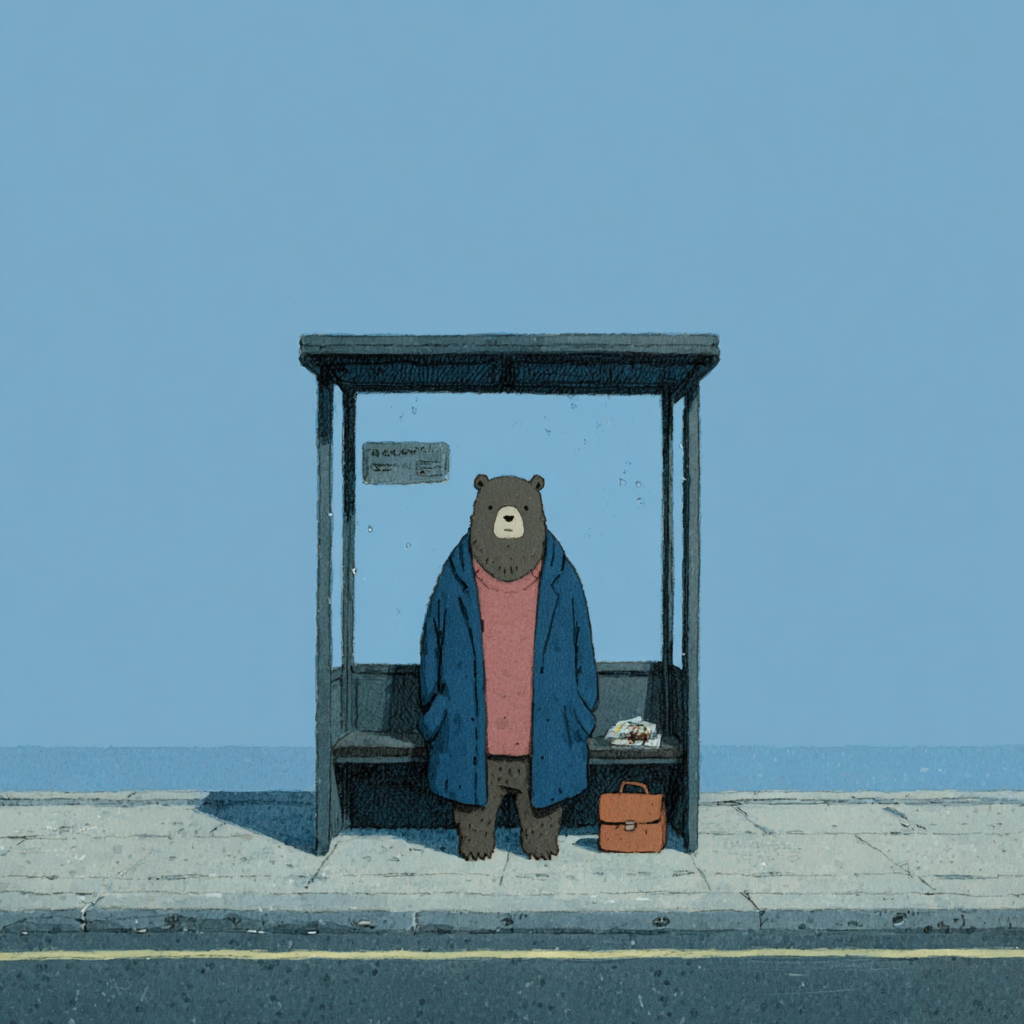 Sleepy Bear Waiting for the Bus
