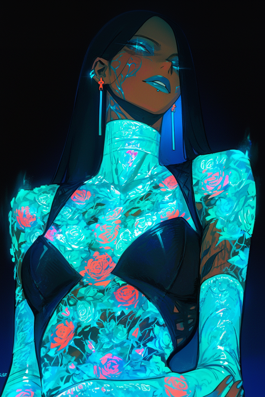 Girl with Glowing Blue Rose Tattoos