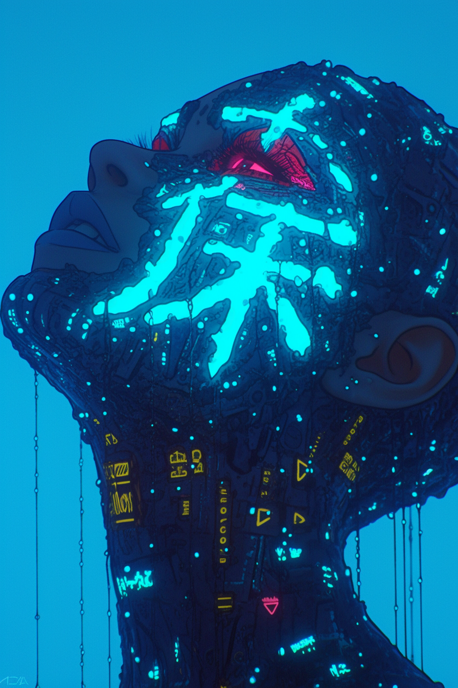 Neural Woman Amid Neon Data Streams