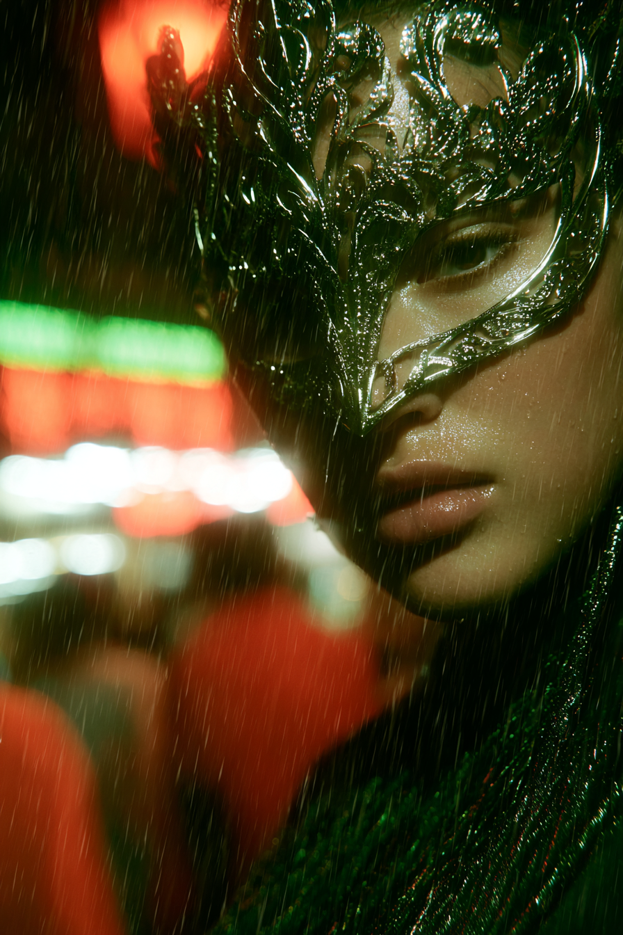 Masked Figure in a Neon Rain Festival