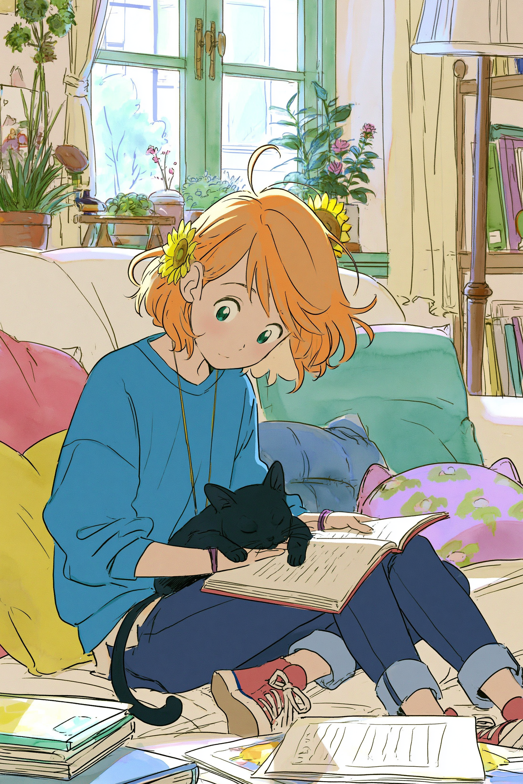 Girl Reading with a Sleeping Black Cat