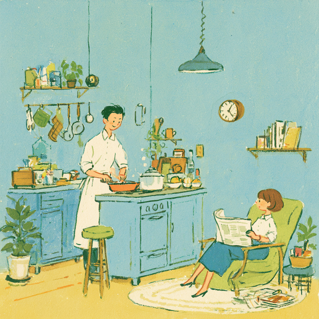 1950s Evening: He Cooks, She Reads
