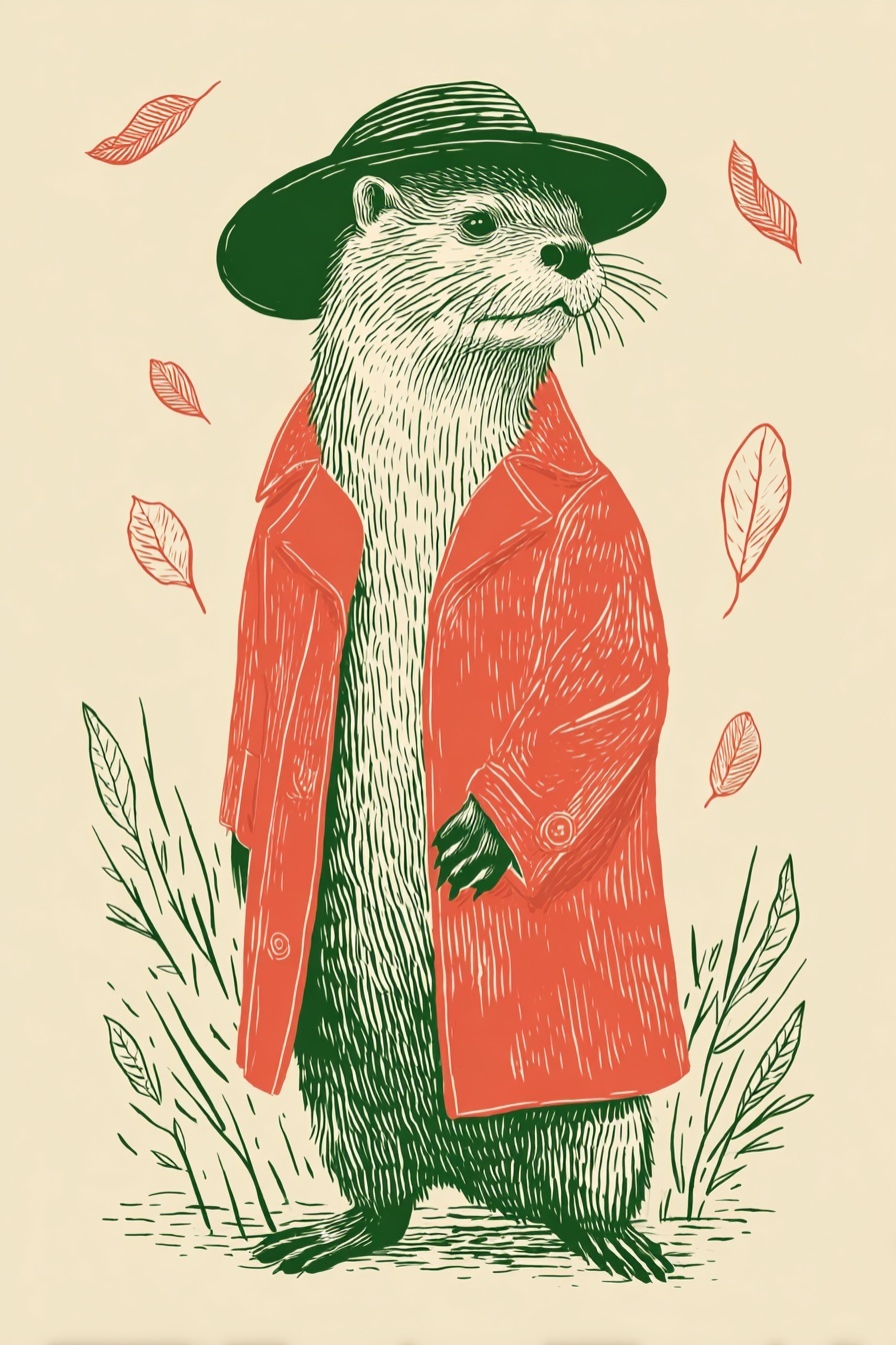 Otter in a Red Raincoat among Autumn Trees