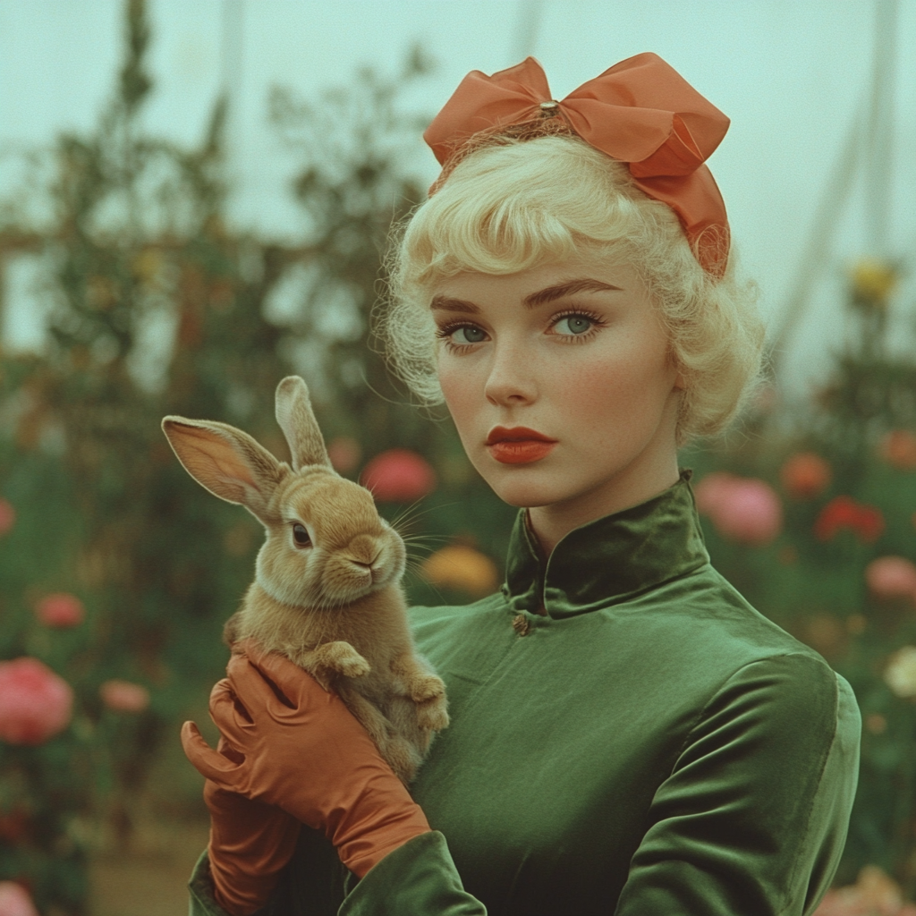 Estrella pelirroja de los años 50 con un conejo en un jardín pastel