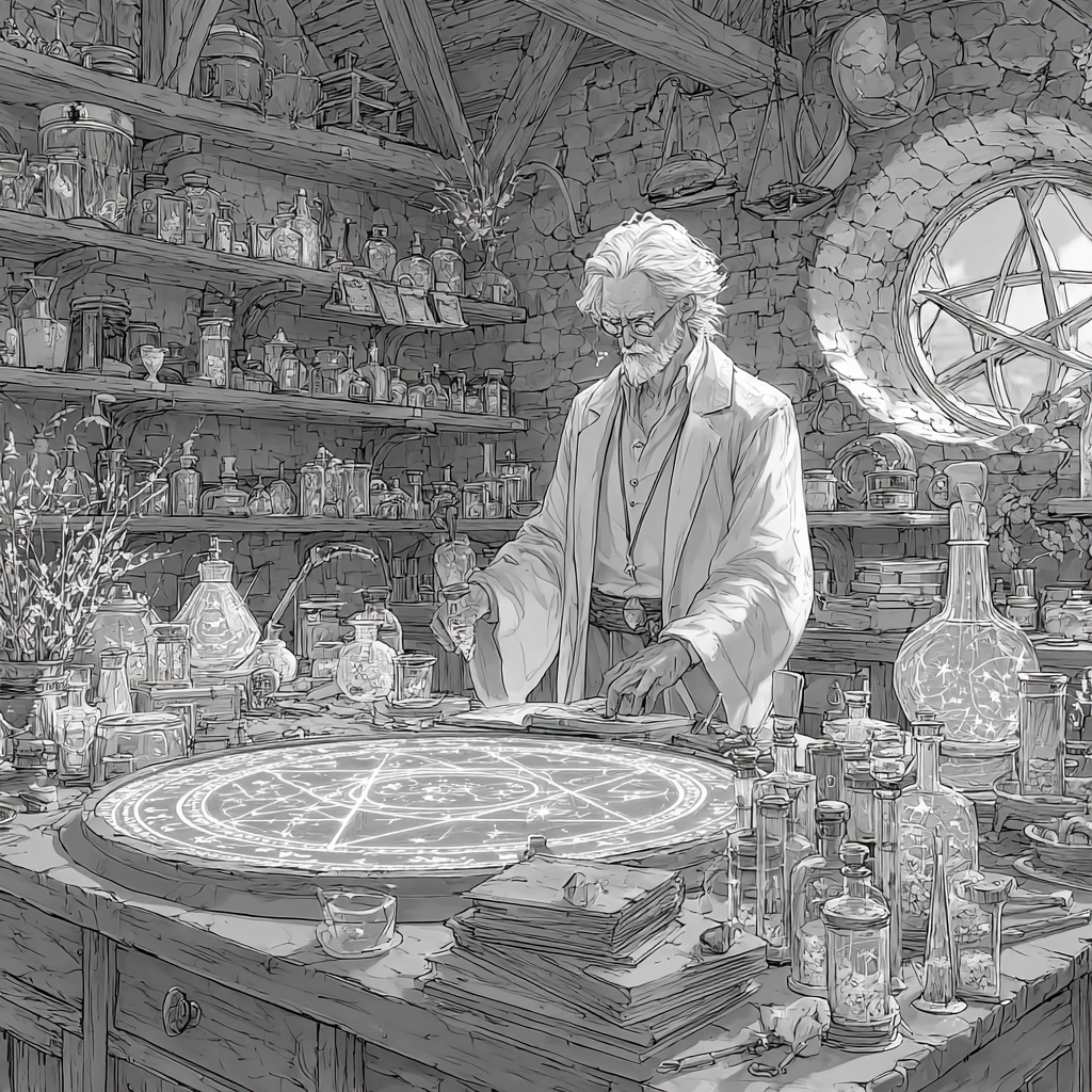 Mittelalterlicher Alchemist zwischen Wissenschaft und Magie