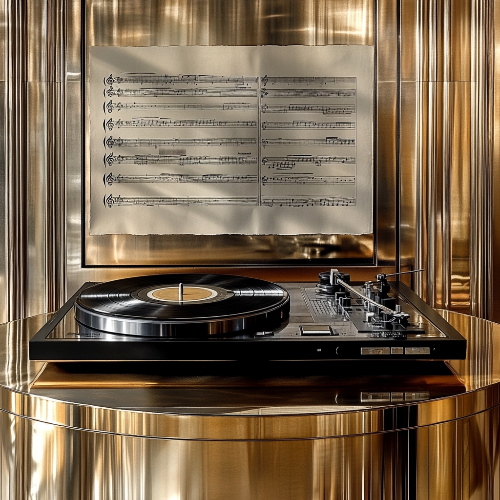 Turntable and Sheet Music on Gold