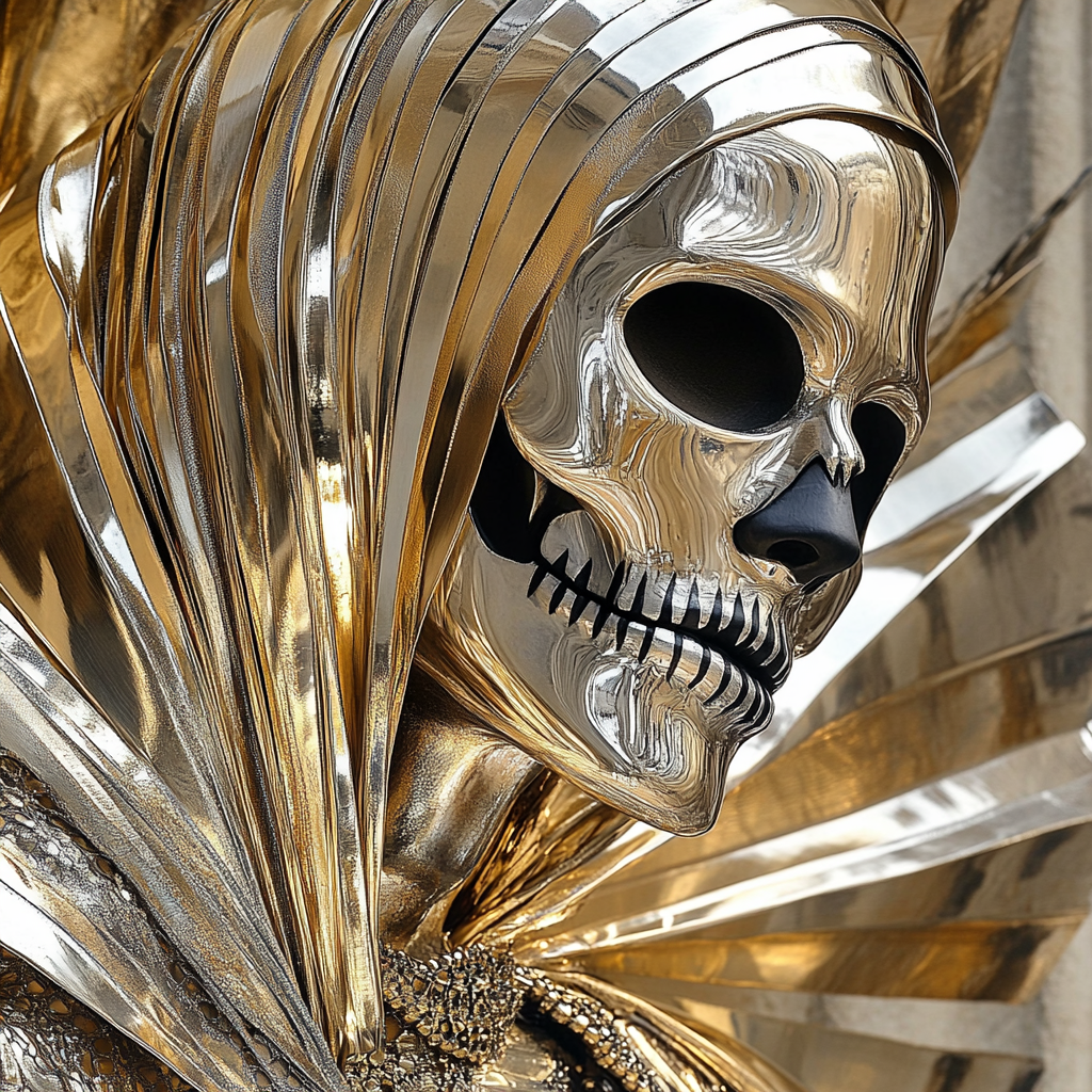 Majestuosa Santa Muerte con vestiduras doradas