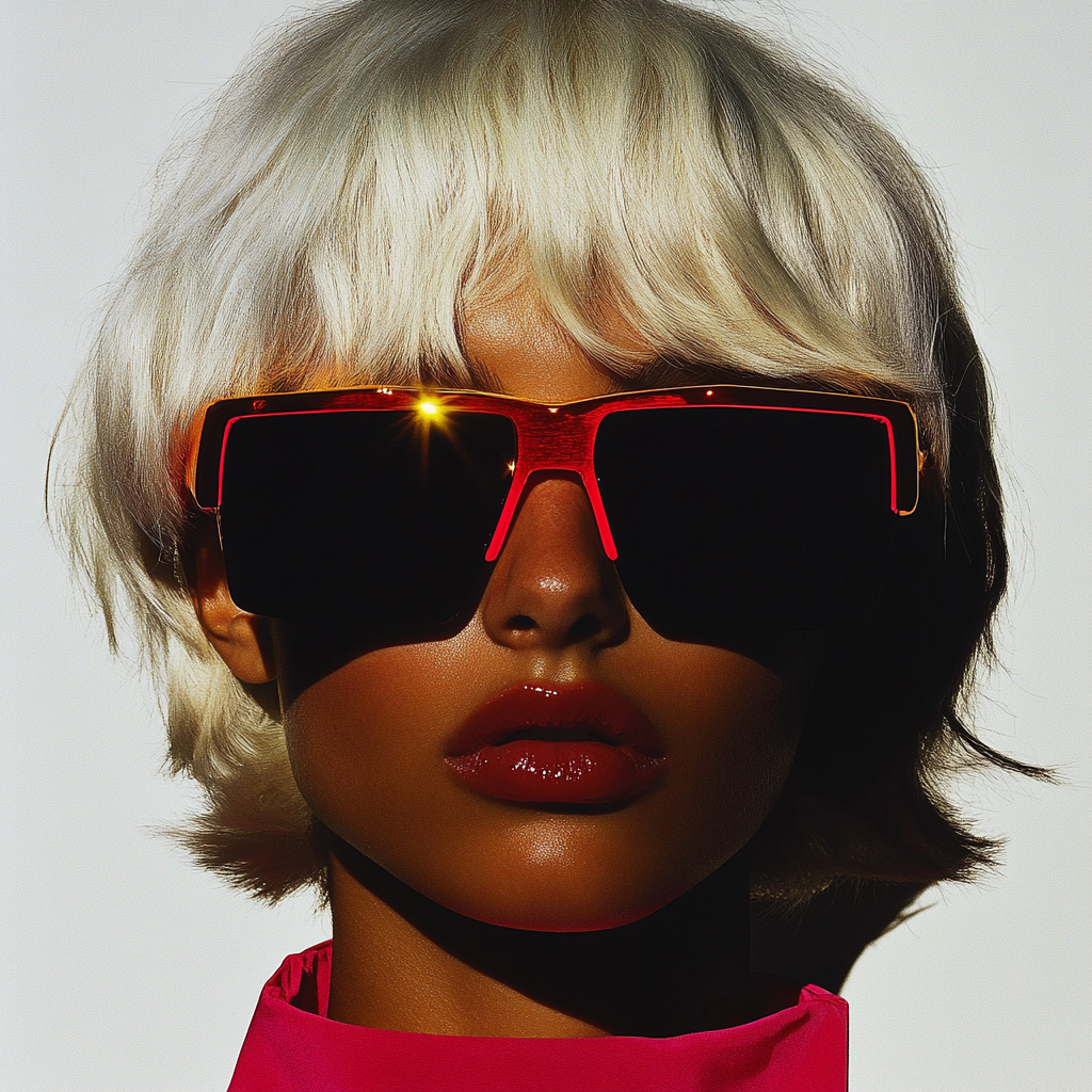 White-Haired Model in Red Cyberpunk Glasses
