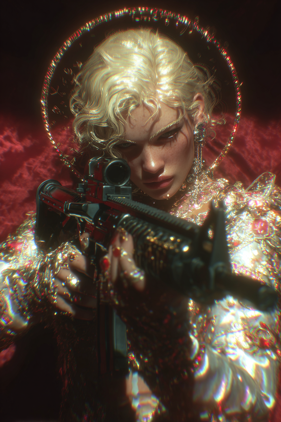Cyber-Renaissance Aphrodite with a Red Chrome Rifle