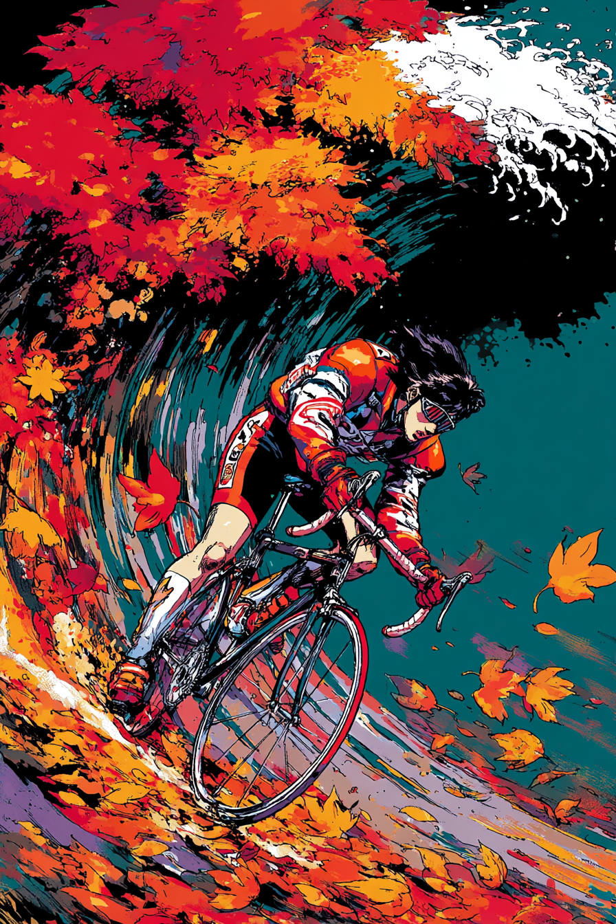 Cyclist Racing Through an Autumn Leaf Typhoon