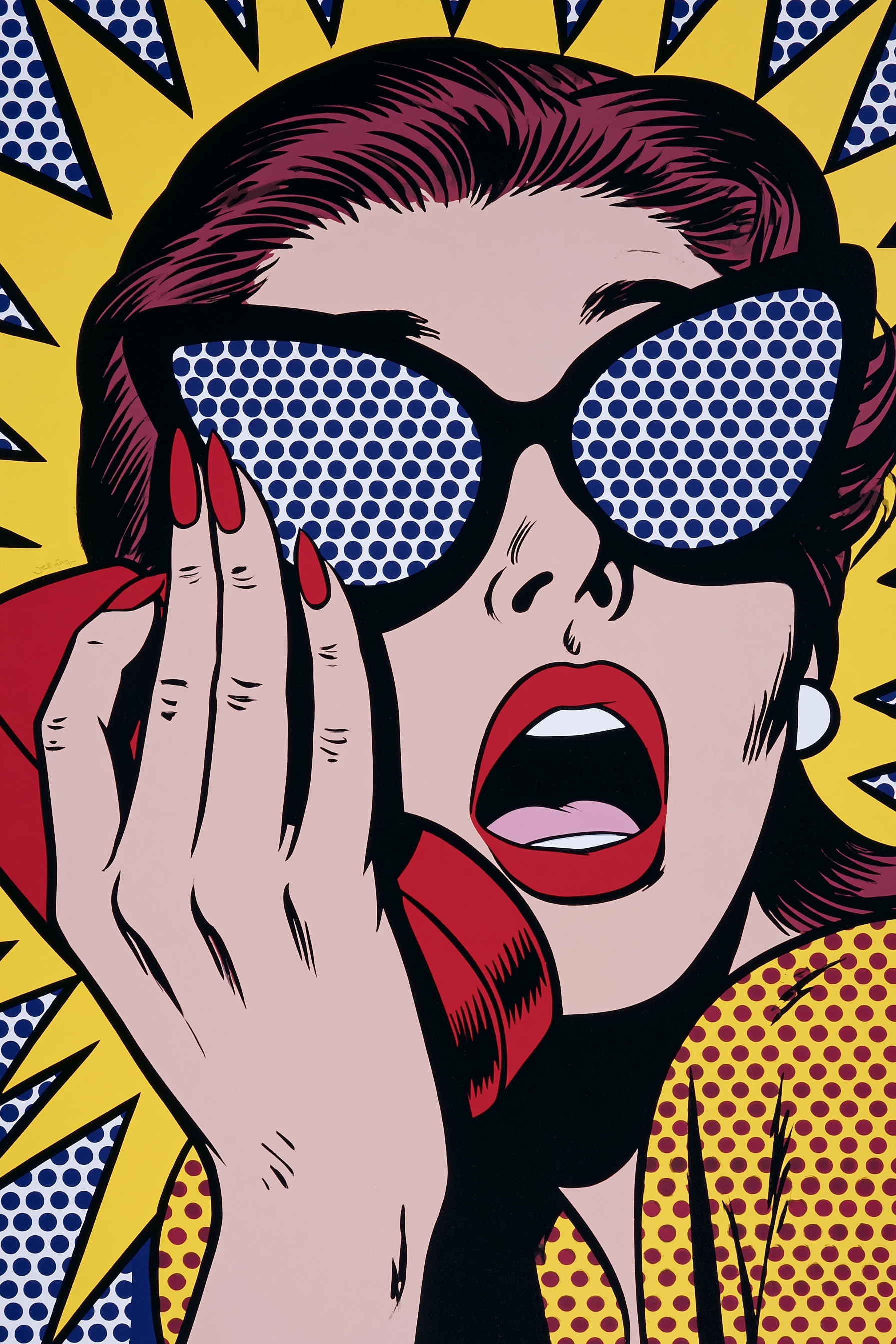 Shocked Woman with a Red Rotary Phone