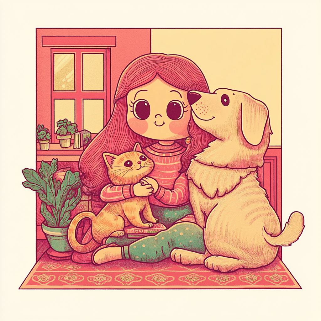 Woman Hugging Her Cat and Dog