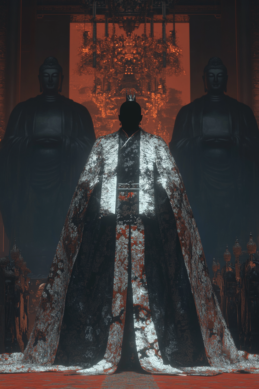 Dragon-Robed Emperor Beneath Two Giant Buddhas