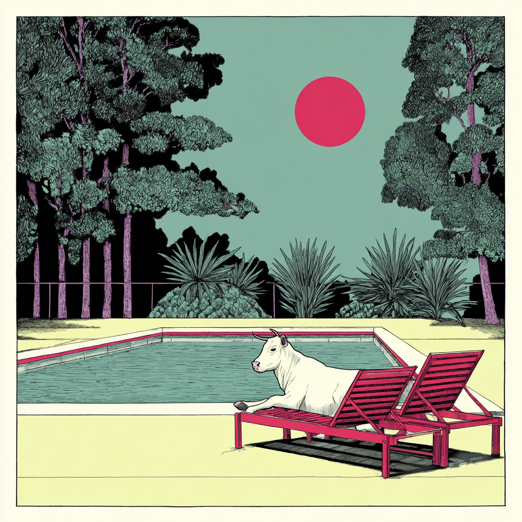 Weiße Kuh entspannt am Pool