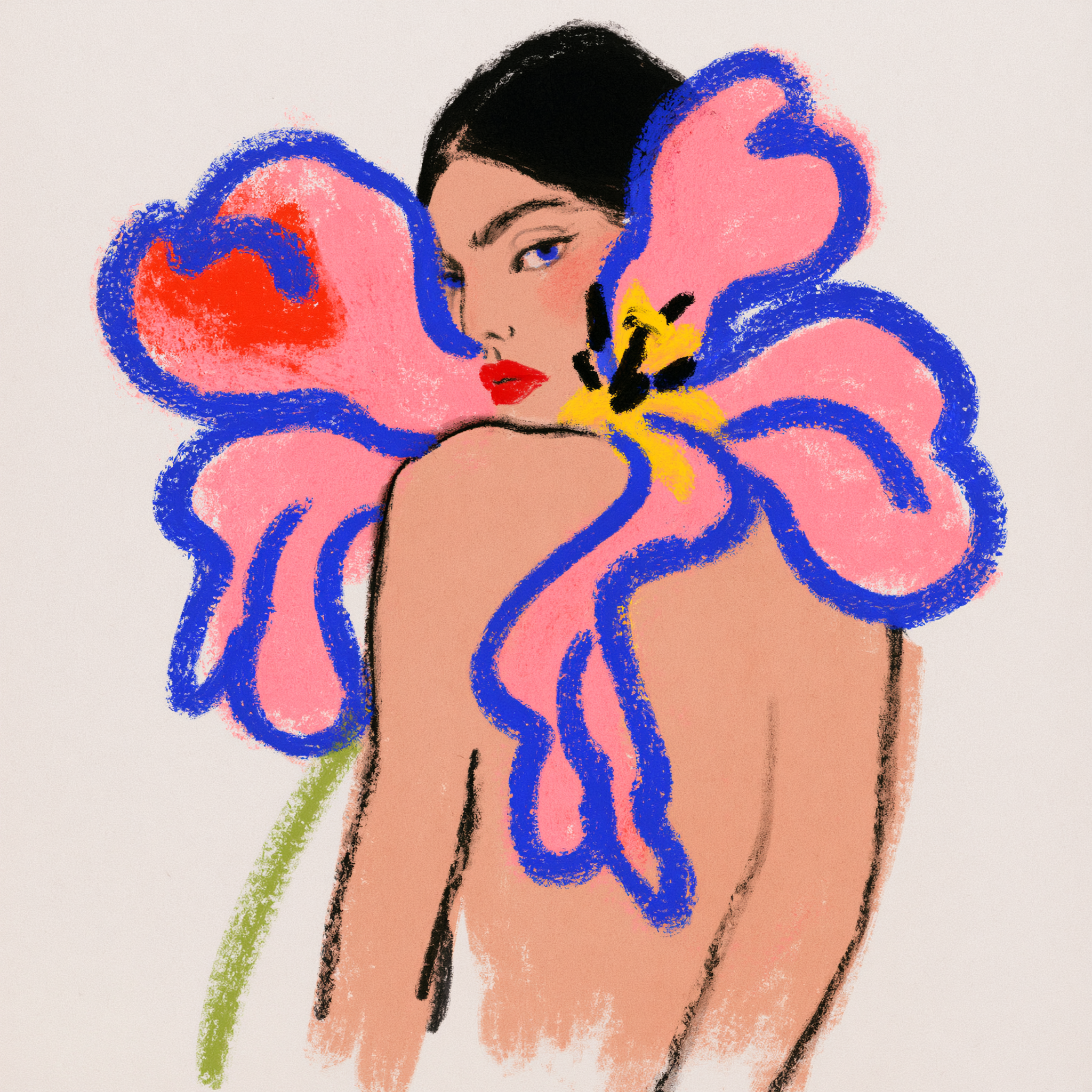 Tulipe sur l’épaule d’une femme en floraison onirique