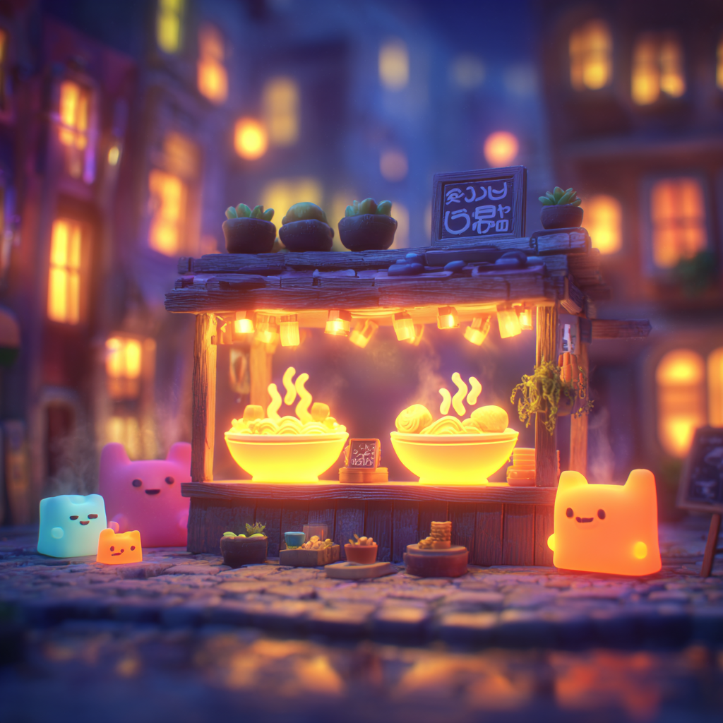 Computer-Chip Ramen Stall with Tiny Monsters