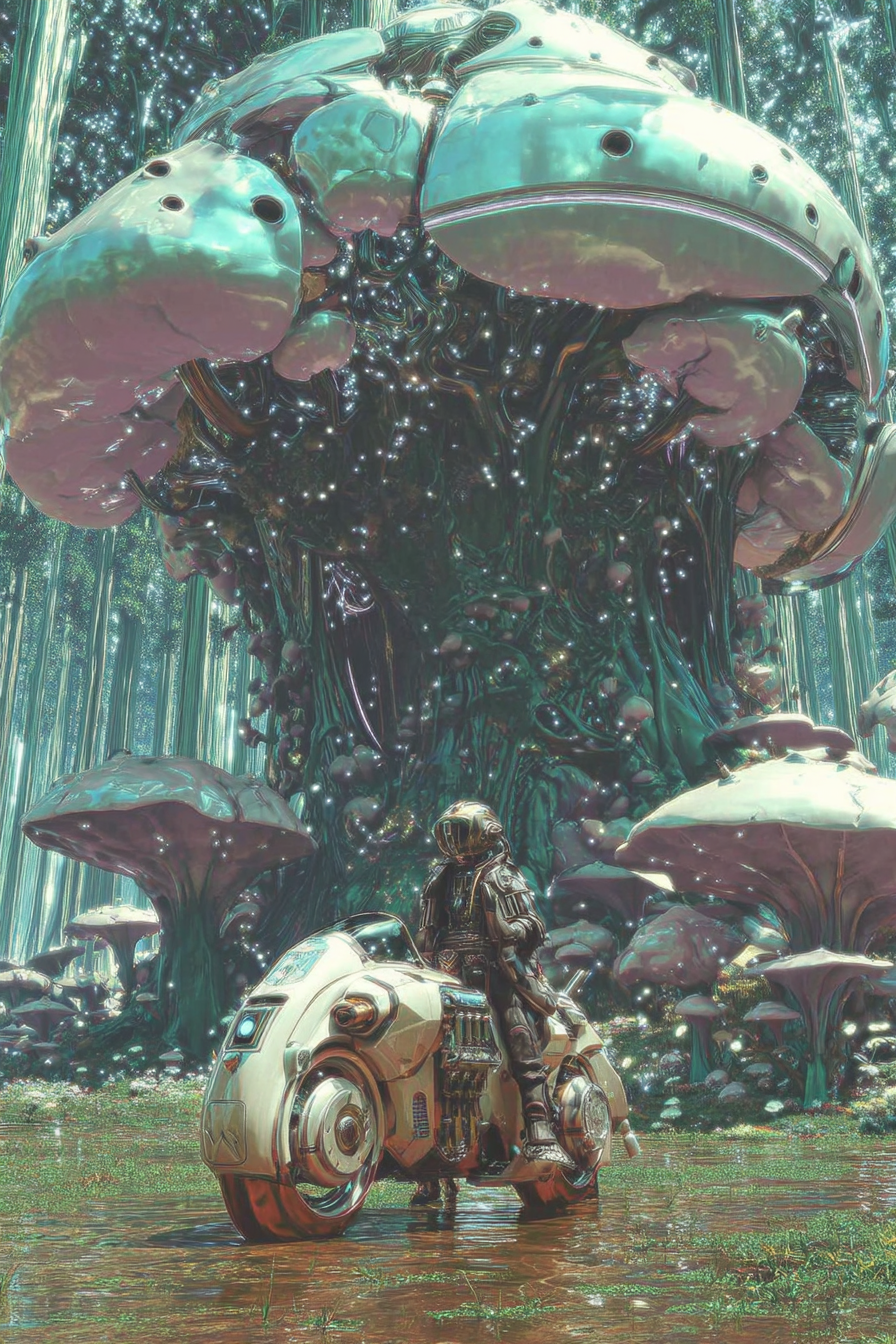 Gas-Masked Scavenger in a Glowing Mushroom Swamp