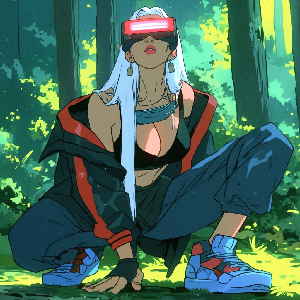 White-Haired Futuristic Woman in a Foggy Forest