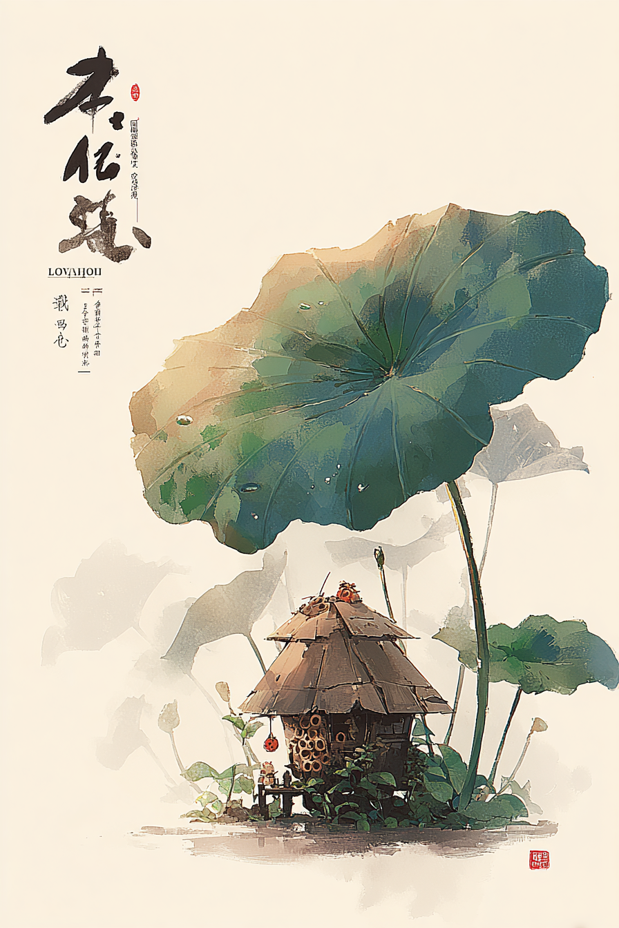 Insect Hotel Beneath a Dewy Lotus Leaf