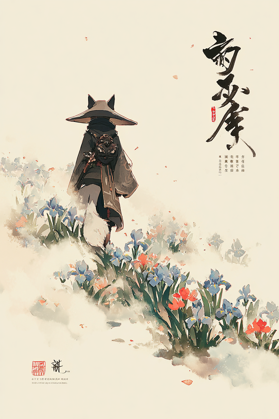 Fox Spirit in a Misty Iris Valley