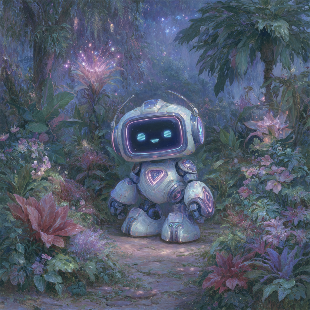 Chibi Space Robot Among Neon Alien Plants