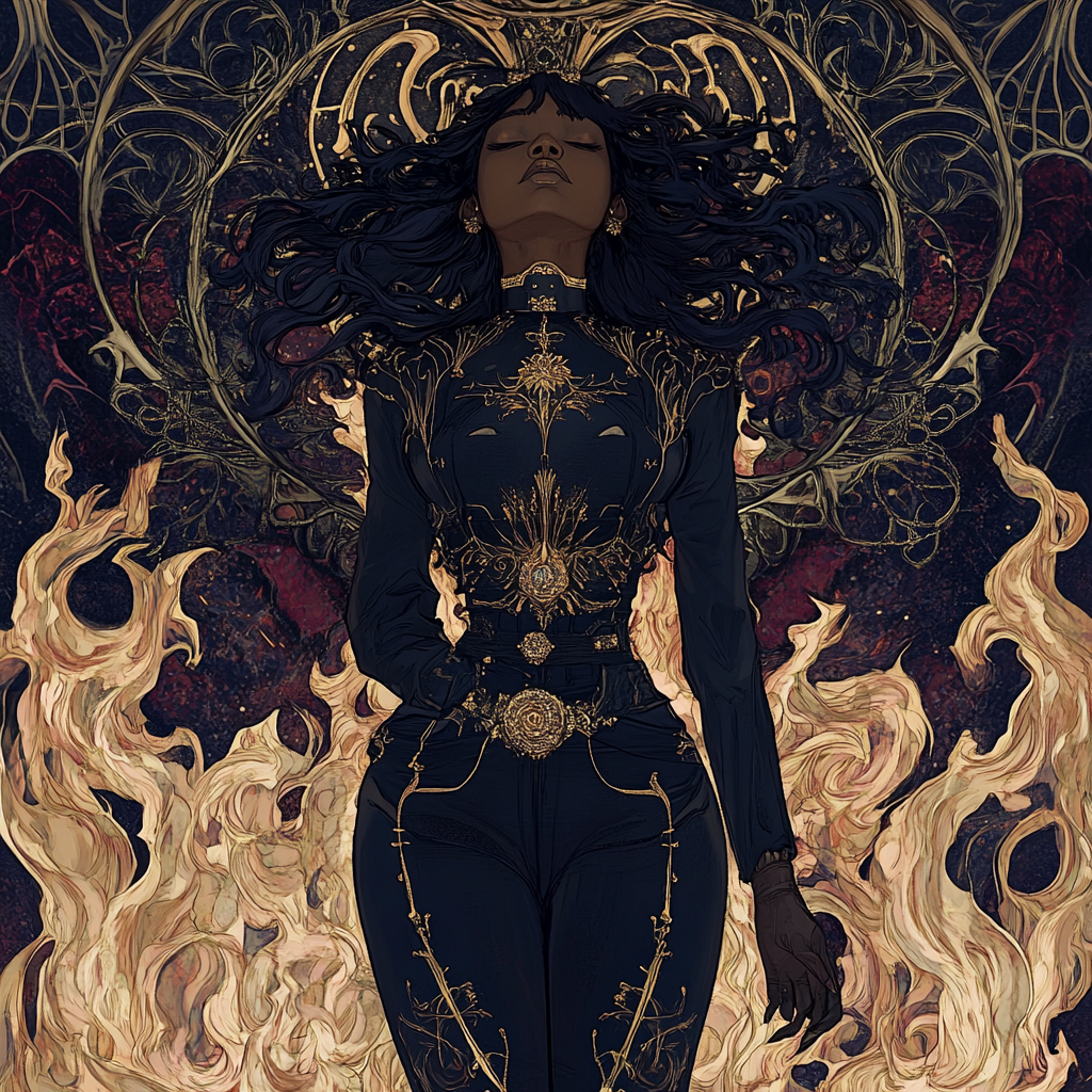 Black Anime Woman amid Roaring Flames