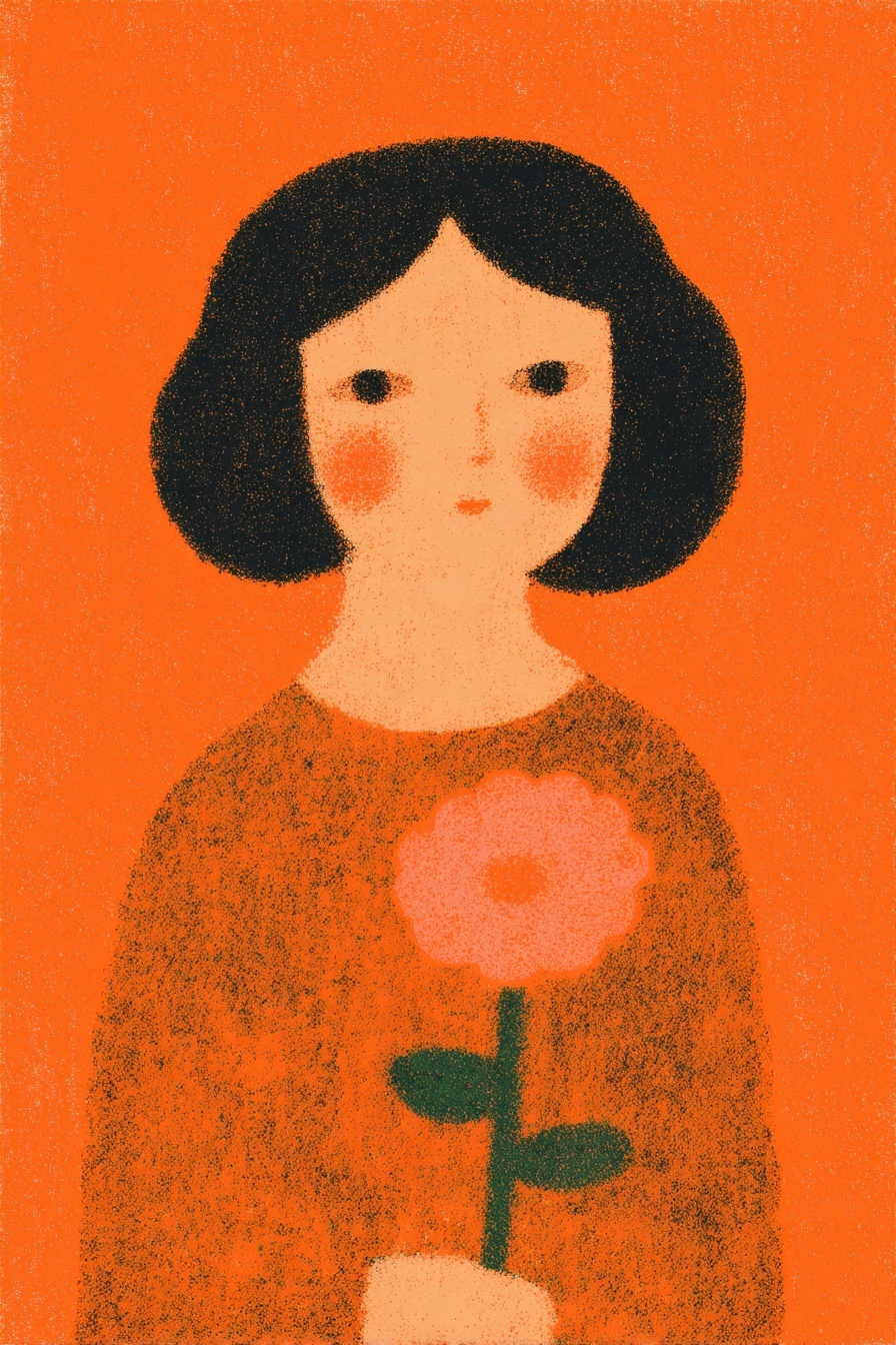Mujer con flor rosa en arte satírico minimalista