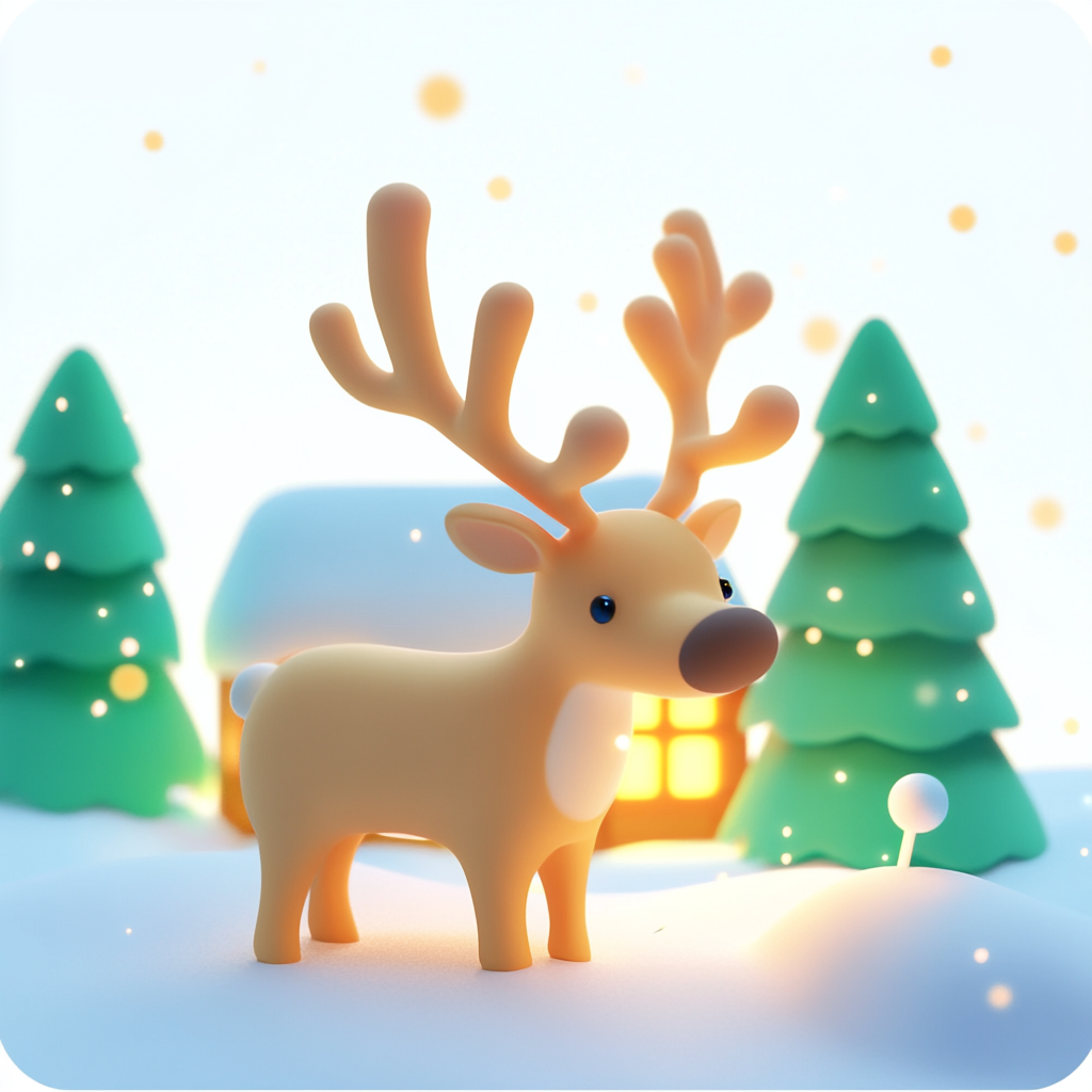 Reindeer in Snow by a Glowing Cottage