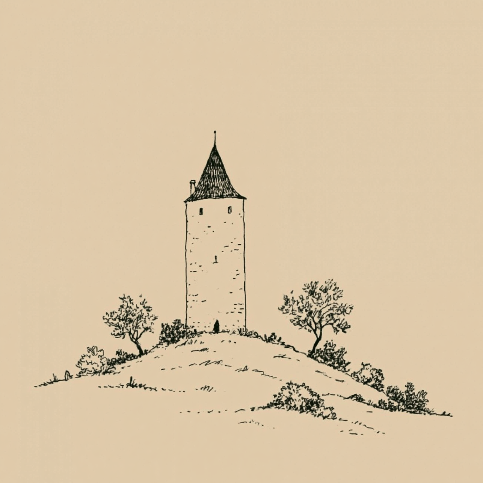 Unheimlicher mittelalterlicher Turm auf dem Hügel