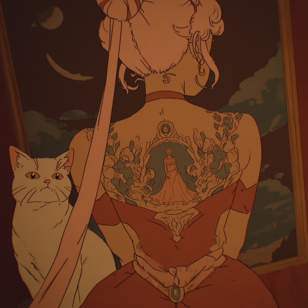 Tattooed Sailor Moon with a Laughing Cat