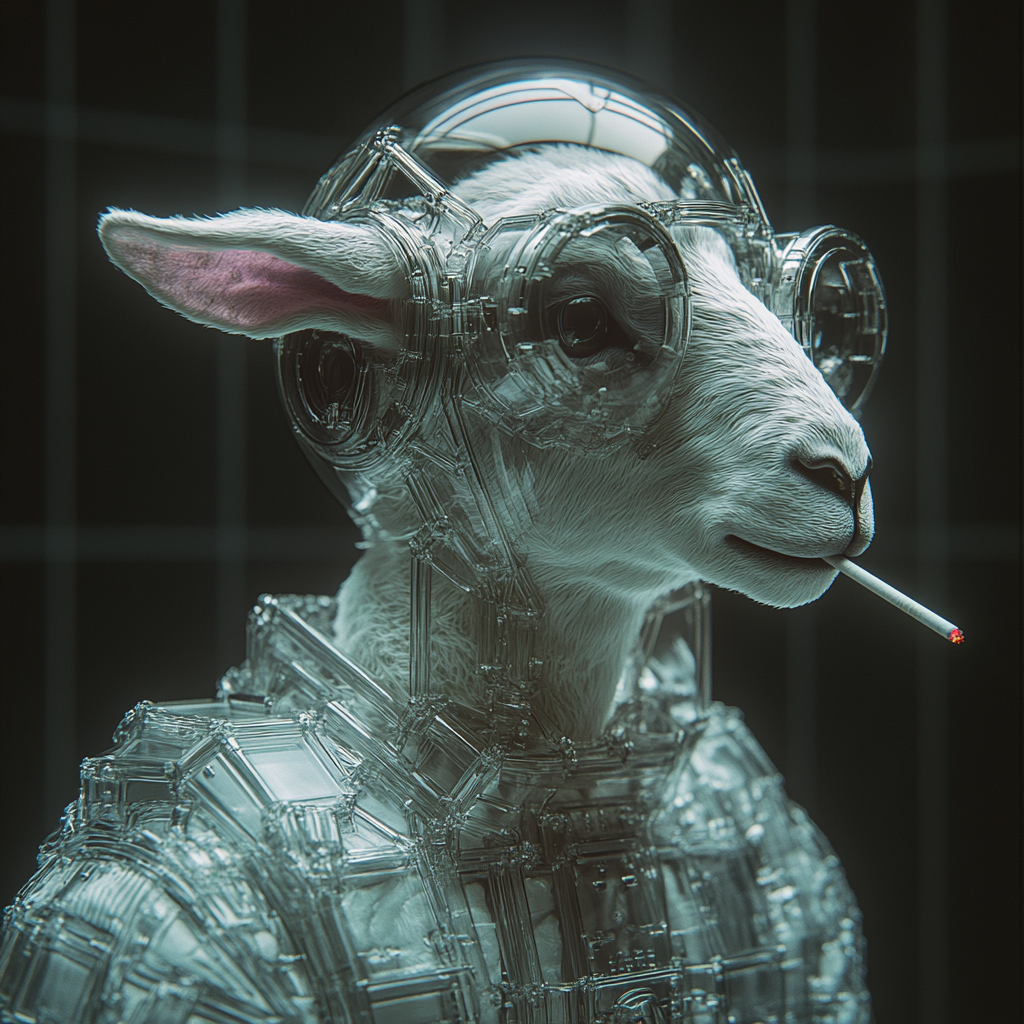 Sheep in a Clear Helmet with a Cigarette