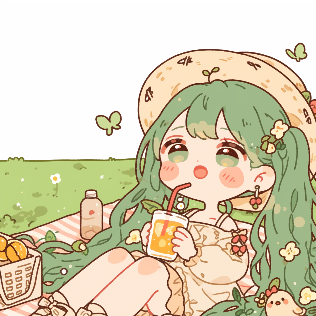 Hatsune Miku mit Saft im Garten