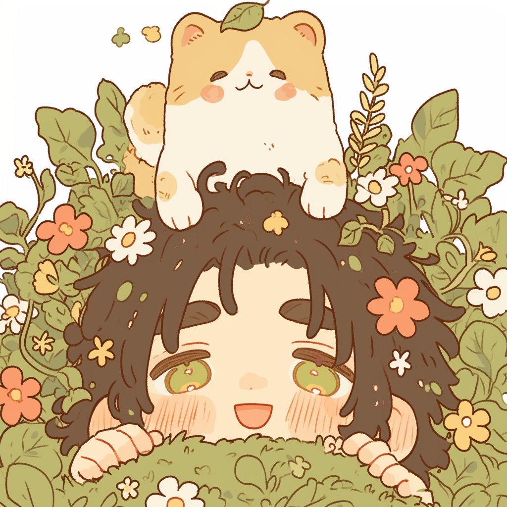 花丛中与猫相伴的水彩动漫少年