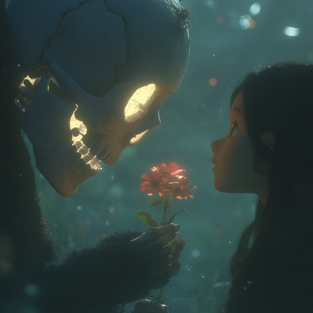 Luminous Skull Offering a Flower to a Girl