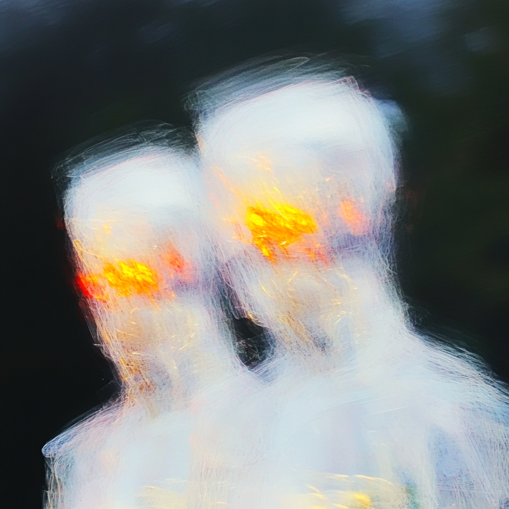 Risograph Cyborgs Around a Glowing Woman