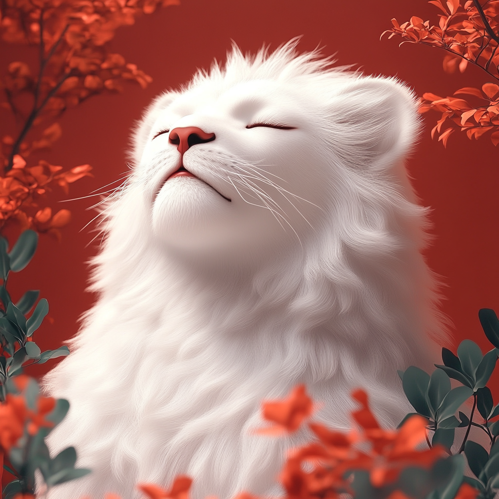 Dreamy Pale-Faced Lion Among Green and Red Leaves