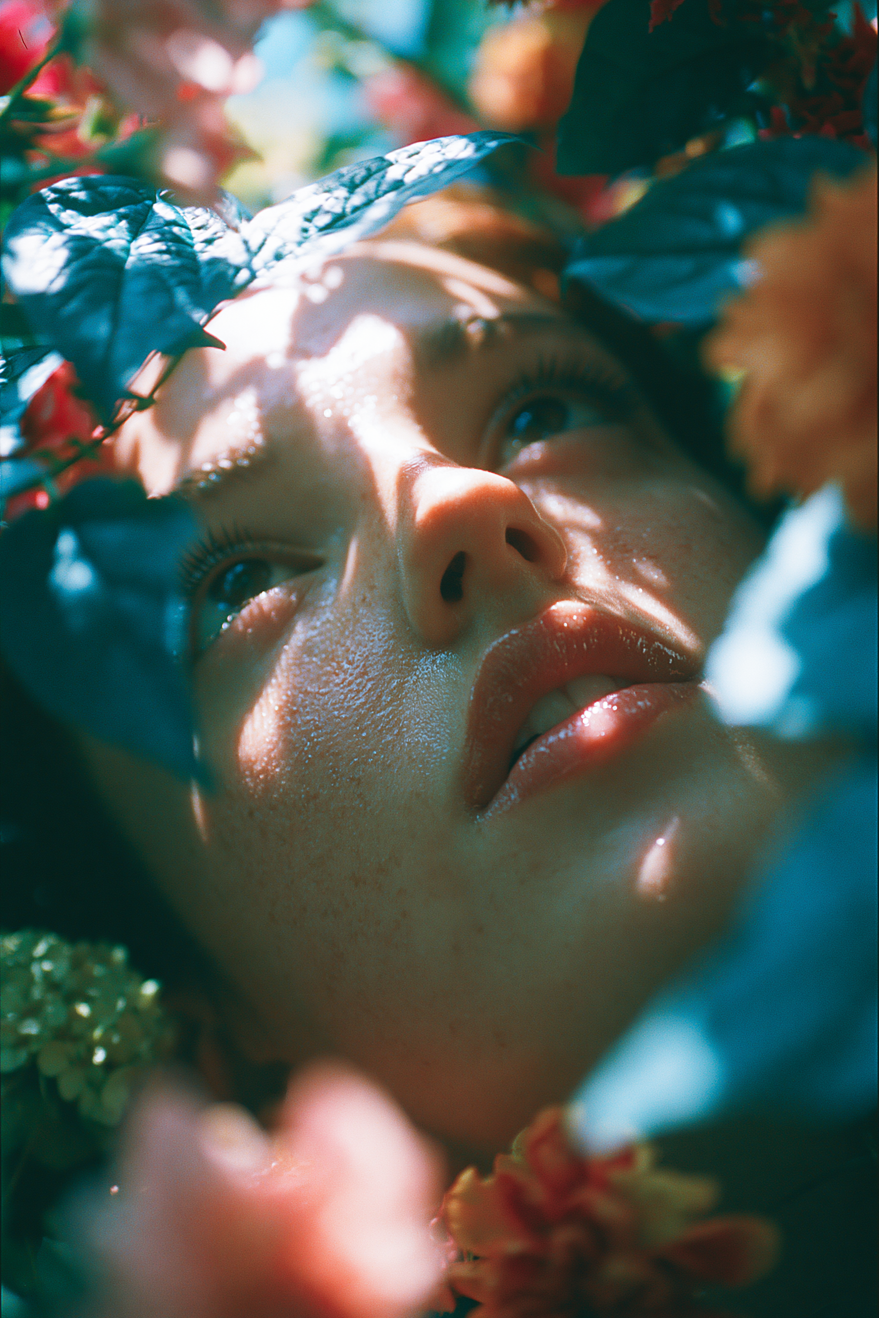 Freckled Face Framed by Surreal Flowers