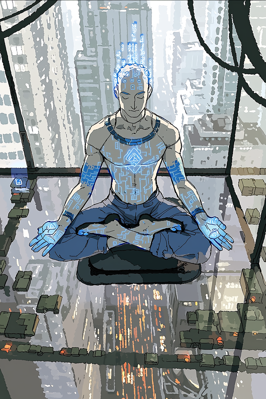 Cyber-Meditator Above City Traffic