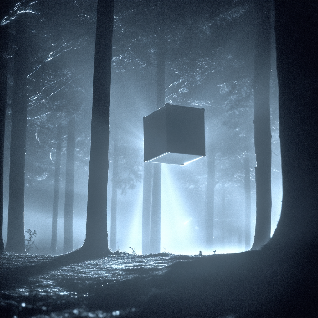 Floating Mirror Cube in a Foggy Night Forest