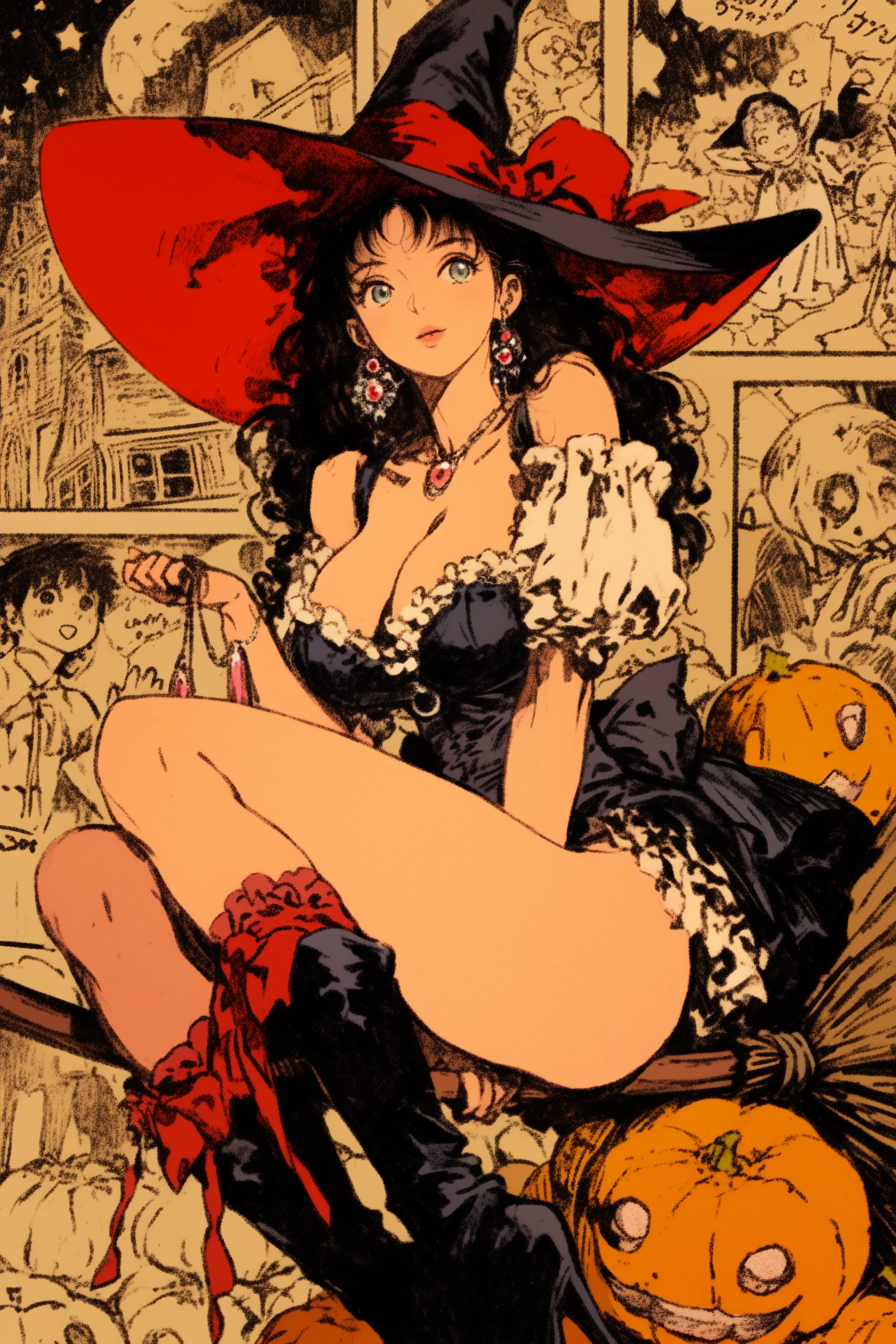 Red-Hatted Witch Flying Through Comic Panels