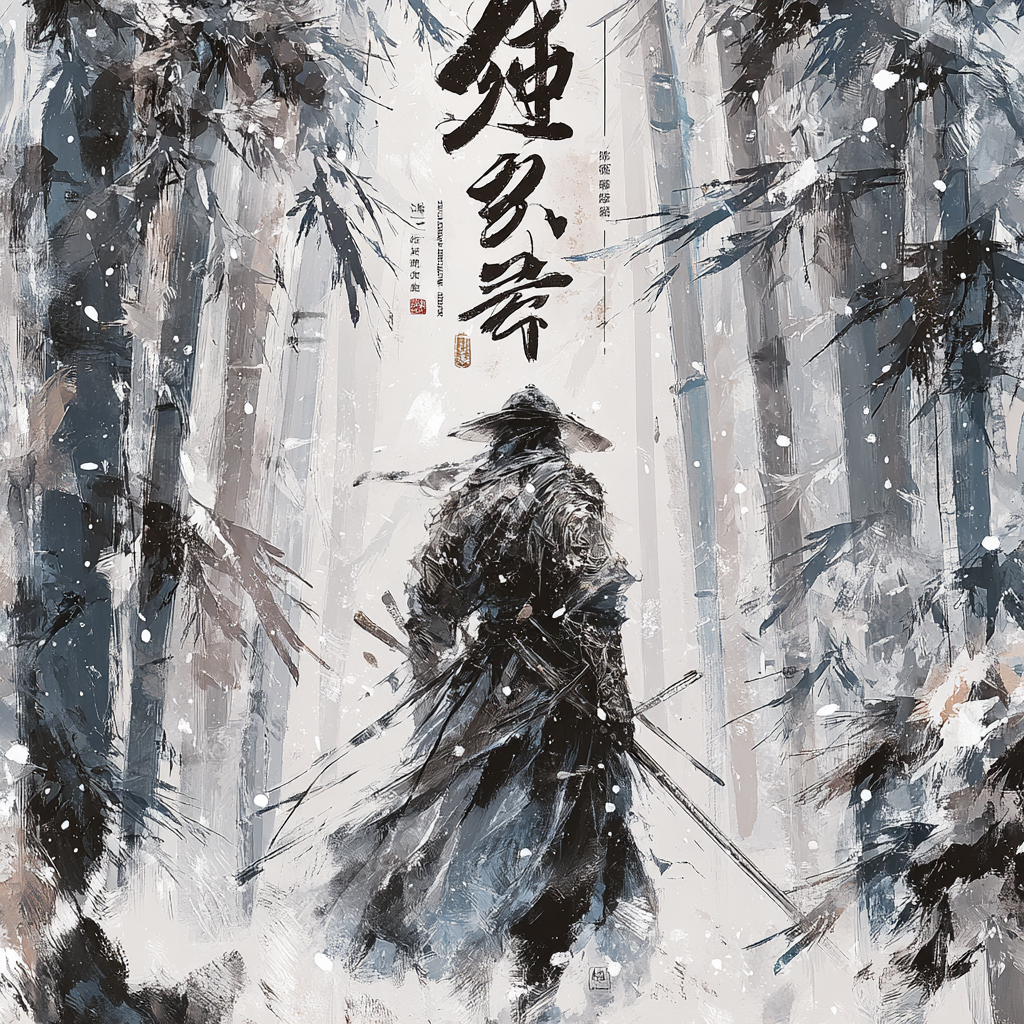 Warrior at the Edge of a Snowy Bamboo Forest