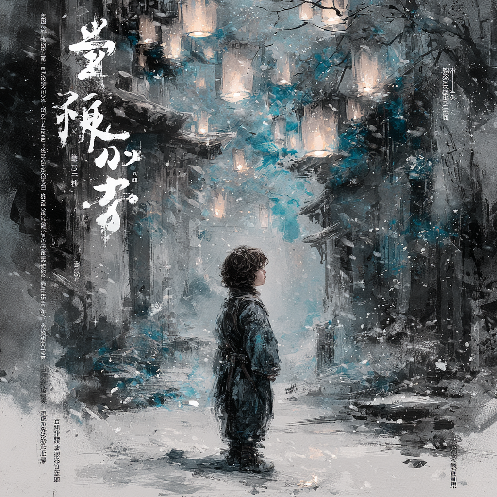 Child Watching Lanterns in a Snowy Courtyard