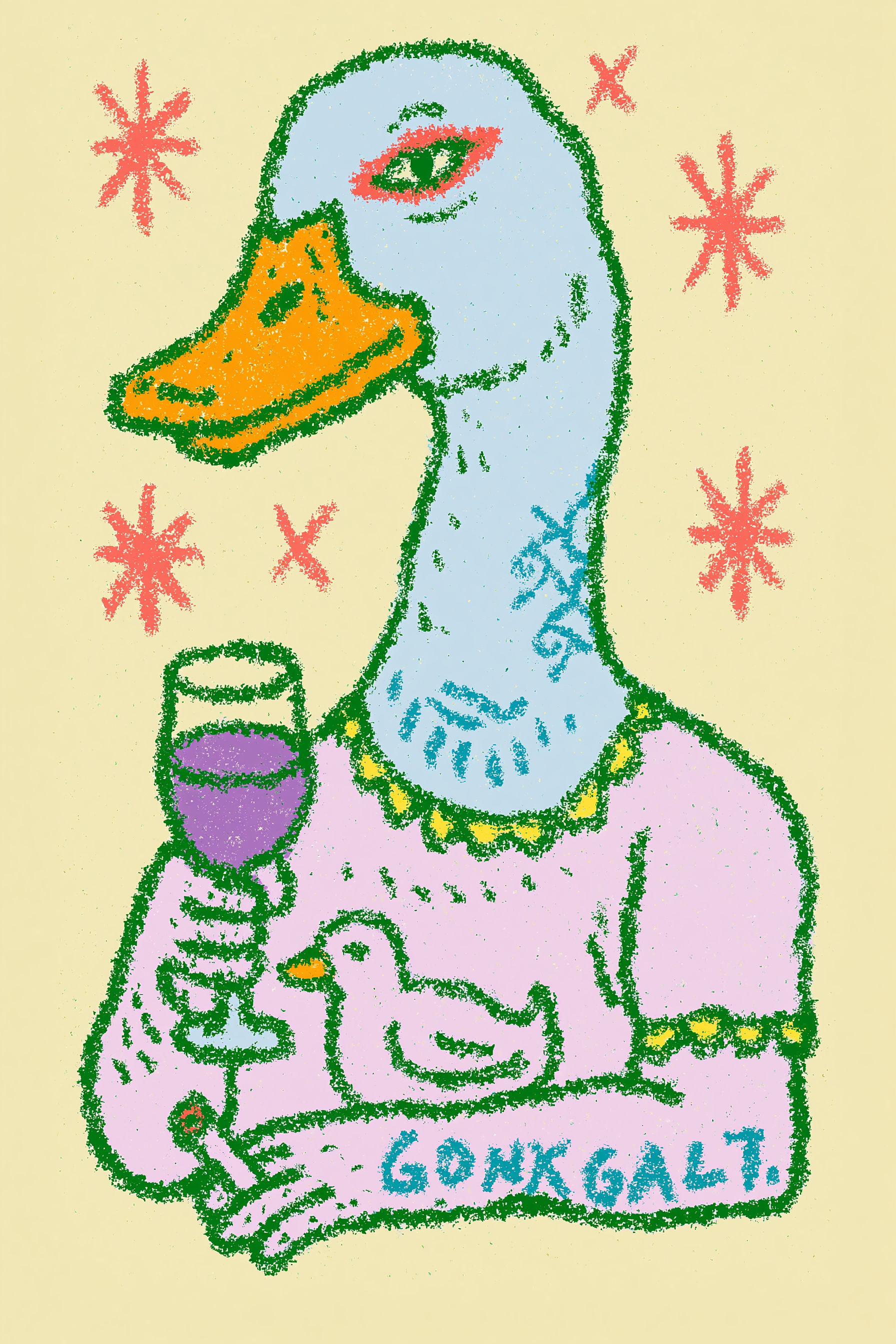 Tätowierte Ente raucht und trinkt Wein