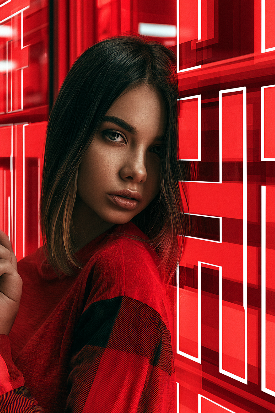 Woman Beneath Red Neon on Portra 800