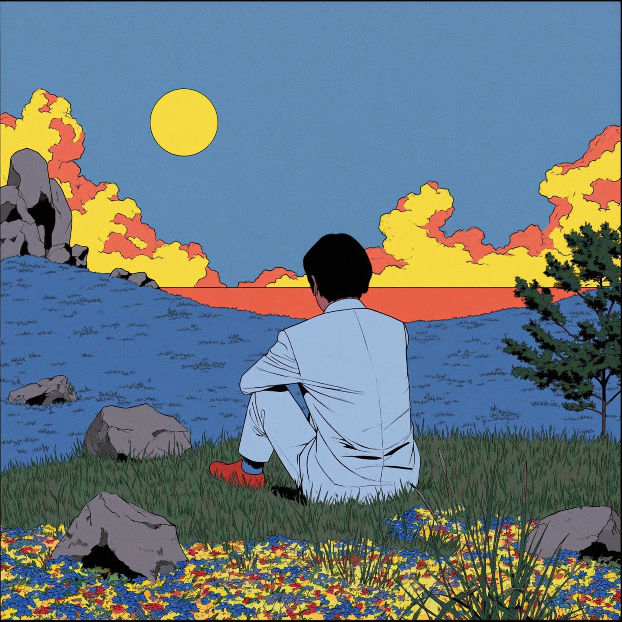 Korean Boy Sitting on Grass from Behind