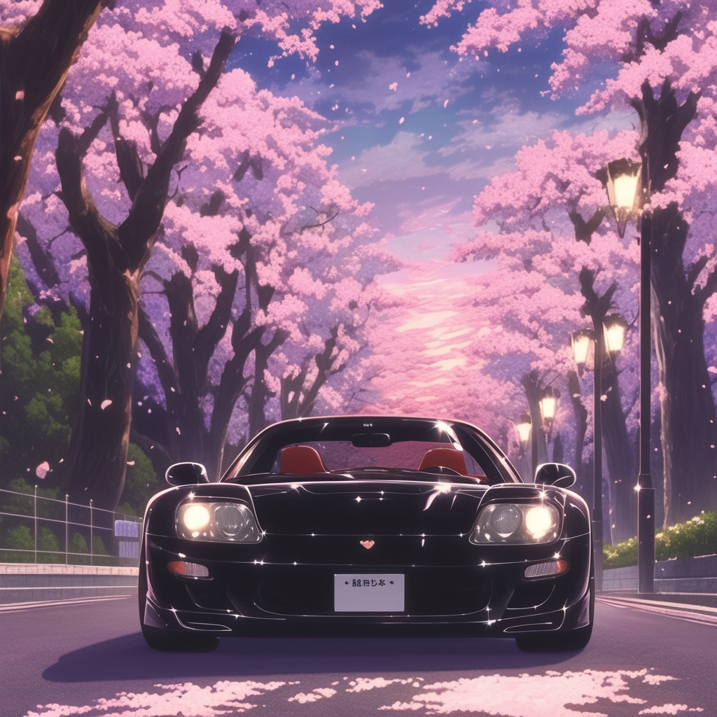 Anime Sports Car Beneath Cherry Blossoms